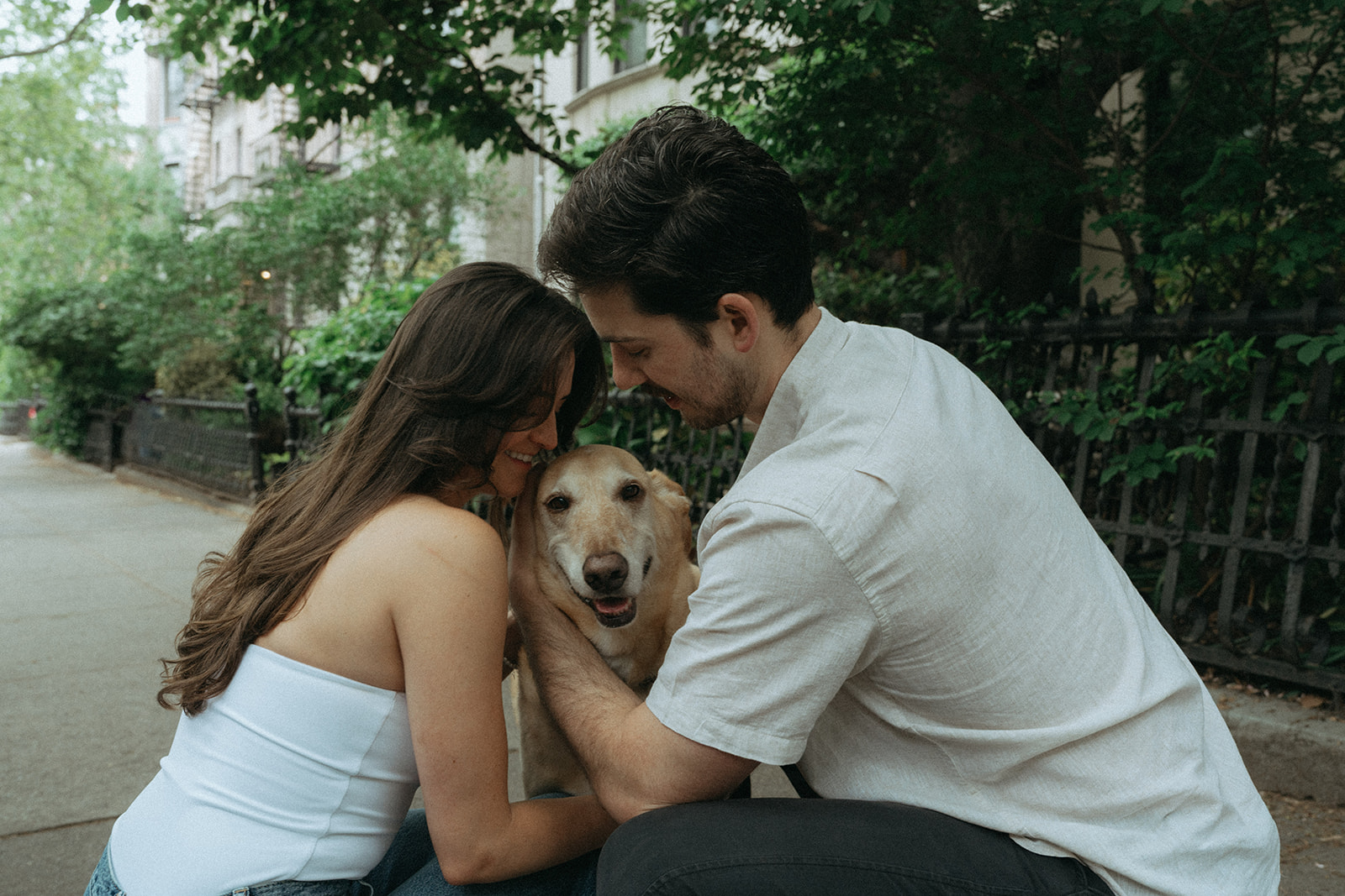 Couple cuddling their golden retriever during a dog-friendly Brooklyn engagement photo session.