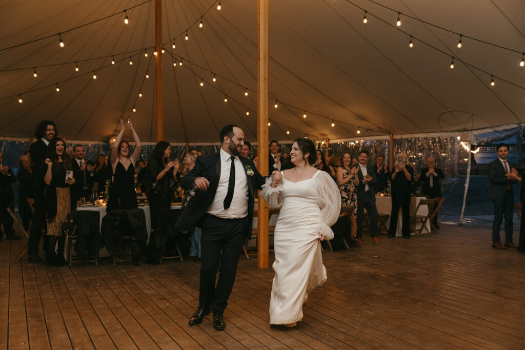 Bride and groom dancing at their Blooming Hill Farm wedding reception