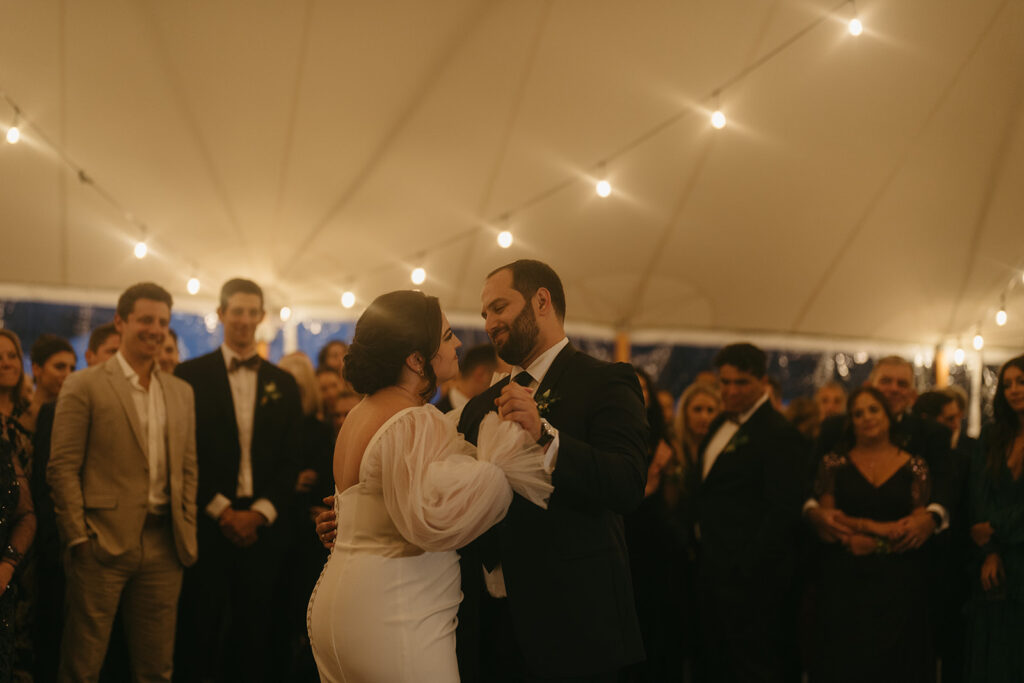 Bride and groom dancing at their Blooming Hill Farm wedding reception