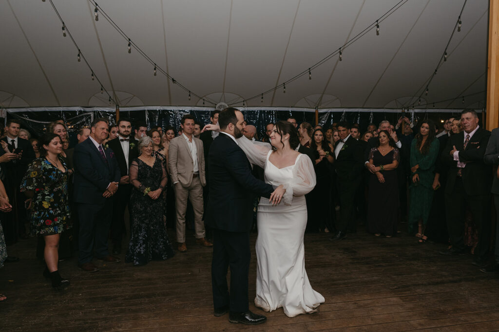 Bride and groom dancing at their Blooming Hill Farm wedding reception