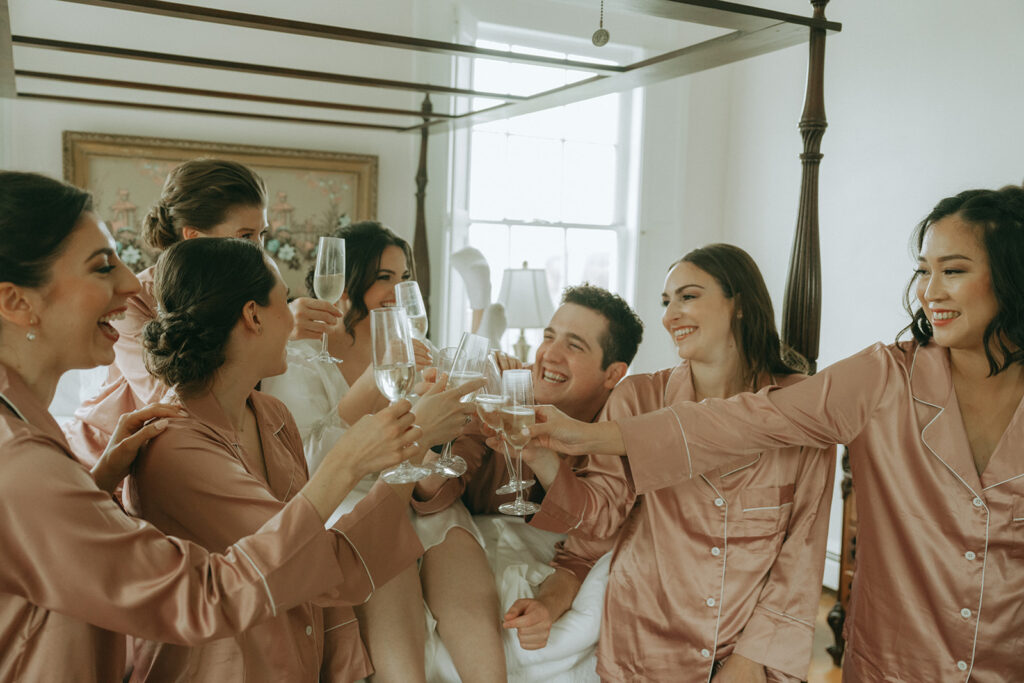 Bridal wedding party getting ready at the Peach Grove House for a Blooming Hill Farm wedding.