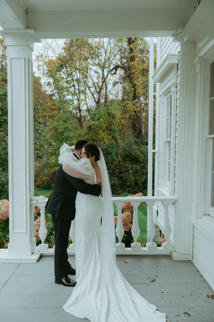 Bride and groom's first look at the Peach Grove House before their Blooming Hill Farm wedding.