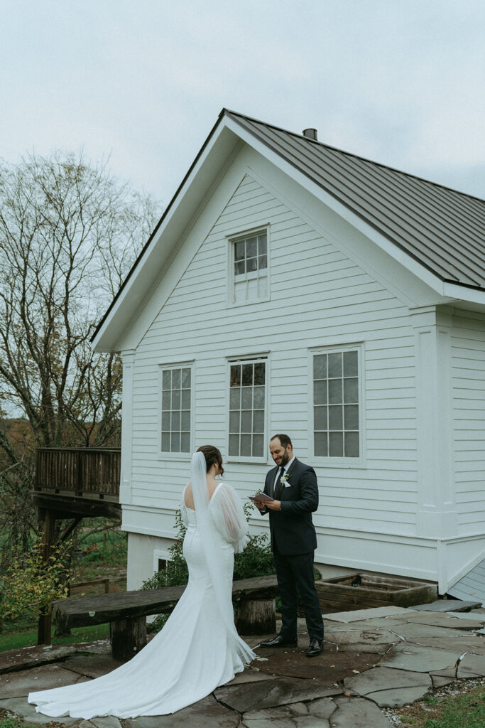 Bride and groom's private vows at the Peach Grove House before their Blooming Hill Farm wedding.