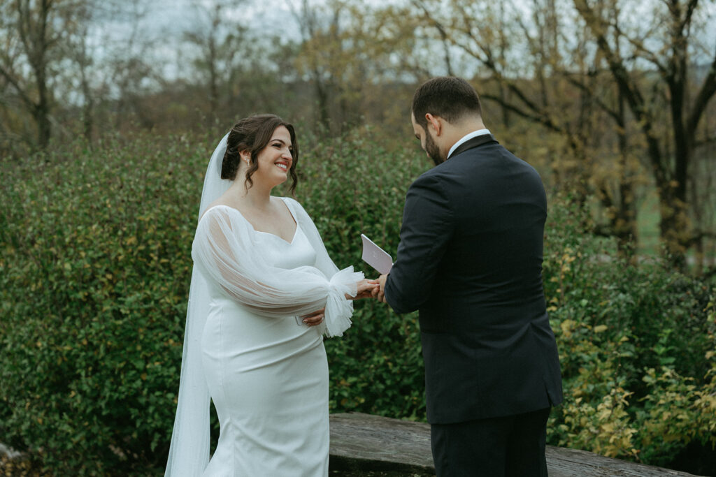 Bride and groom's private vows at the Peach Grove House before their Blooming Hill Farm wedding.