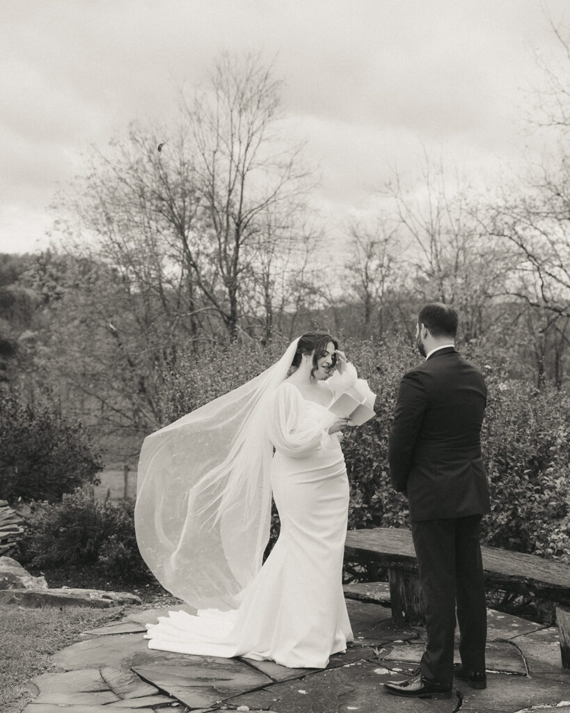 Bride and groom's private vows at the Peach Grove House before their Blooming Hill Farm wedding.