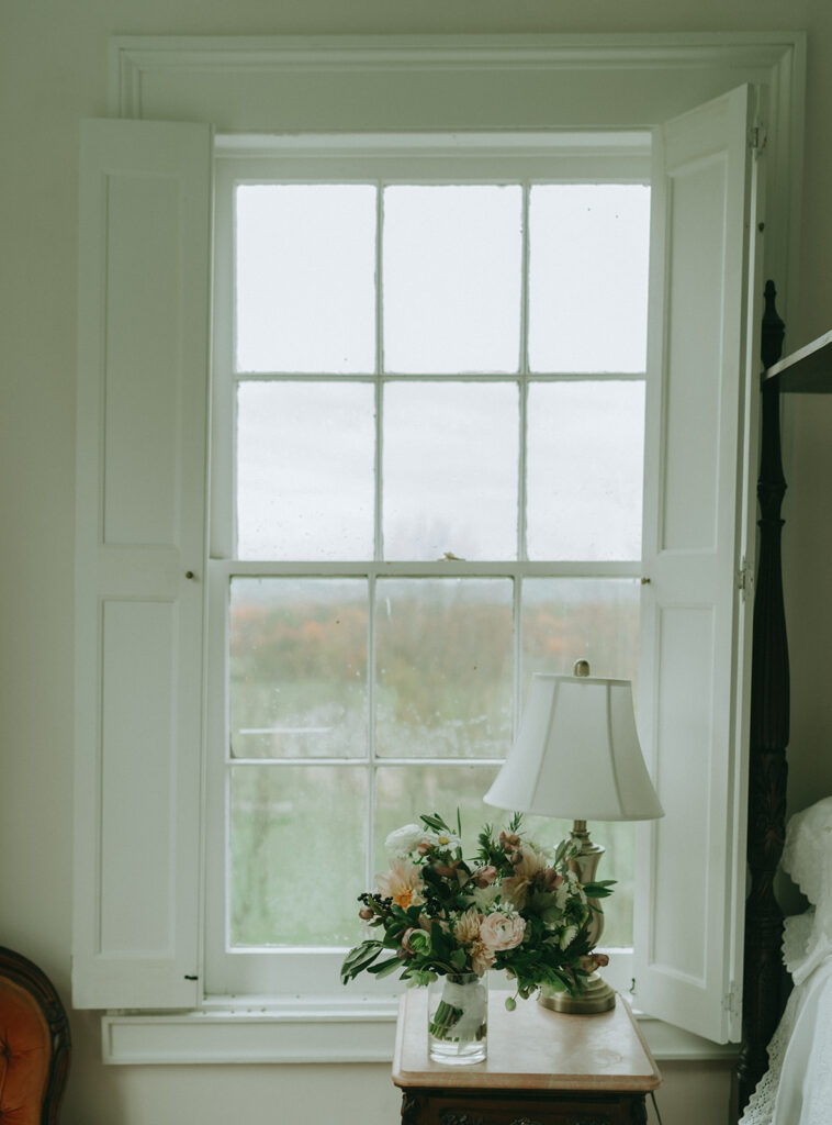 Getting ready at the Peach Grove House for a Blooming Hill Farm wedding.