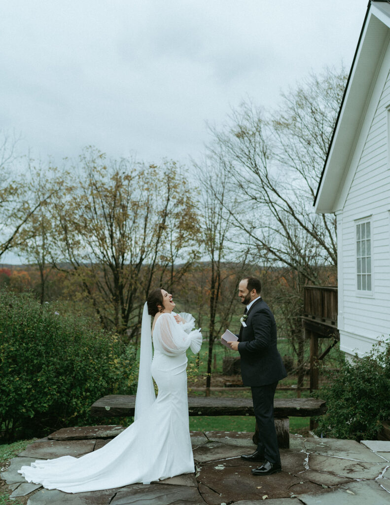 Bride and groom's private vows at the Peach Grove House before their Blooming Hill Farm wedding.