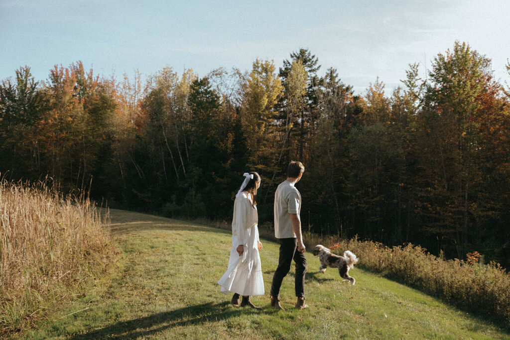 Fall in Vermont walk with dog and golden light, by Elsie Goodman Photography.
