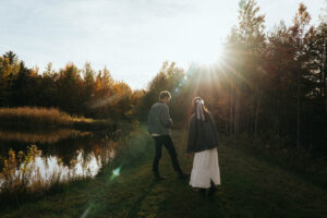Fall in Vermont walk with sun flare and jackets, by Elsie Goodman Photography.