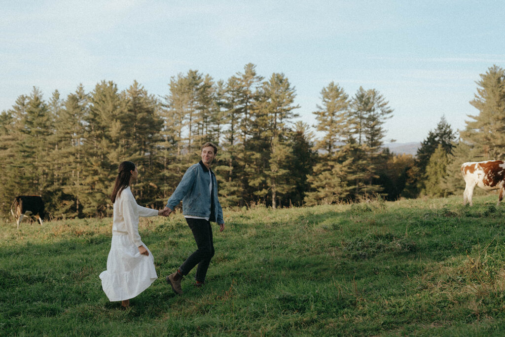 Couple walks hand in hand during a Vermont engagement session, surrounded by fall trees and cows, by Elsie Goodman.