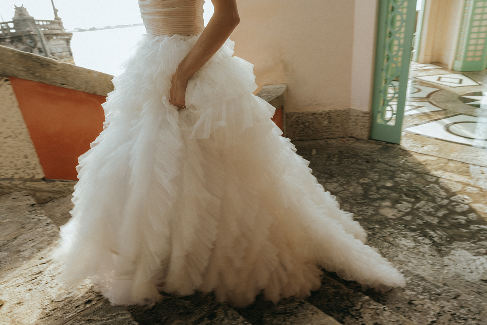 Viscaya Close up of the brides dress, showing off the skirt by Vizcaya Wedding Photographer Elsie Goodman.