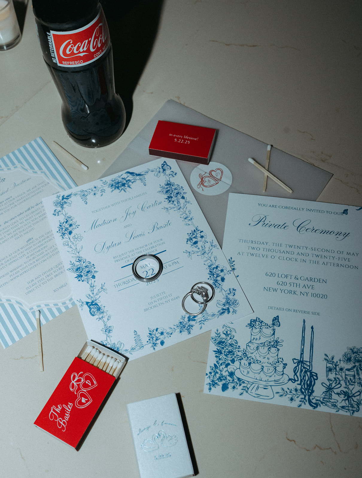 Madison + Dylan 620 Loft and Garden Wedding invitation and details at wedding reception at Juliette’s in nyc, shot by elsie goodman, a destination and NYC wedding photographer