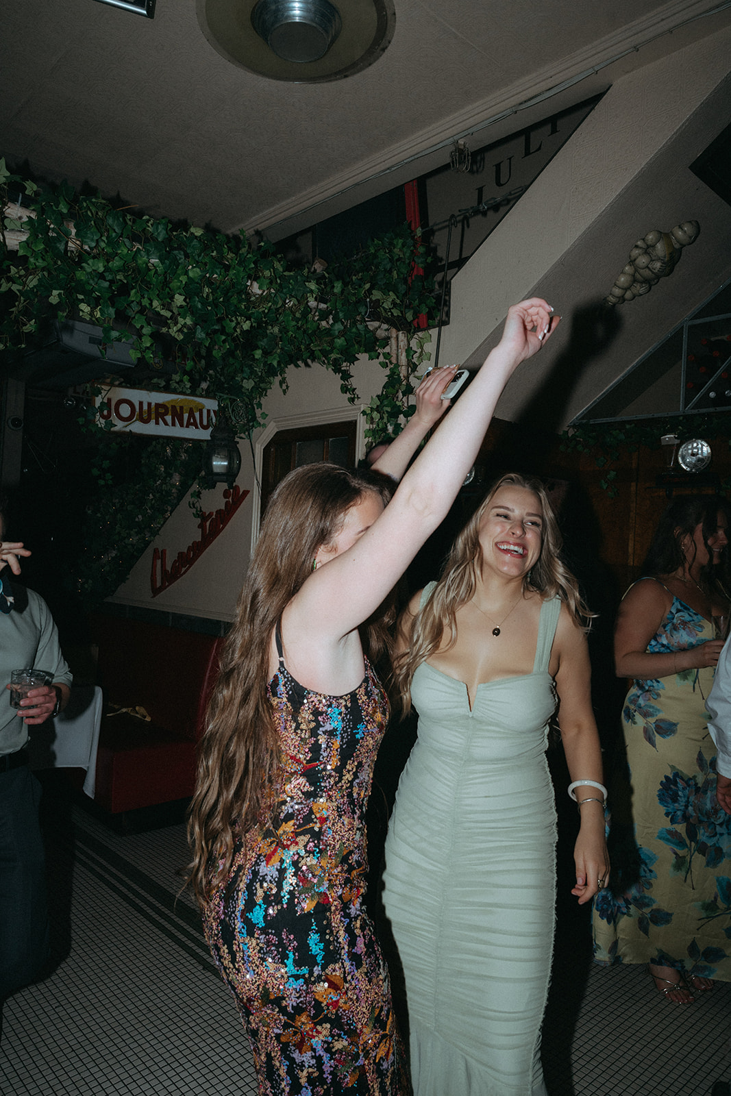 Madison + Dylan 620 Loft and Garden Wedding friends dancing and smiling at wedding reception at Juliette’s in nyc, shot by elsie goodman, a destination and NYC wedding photographer