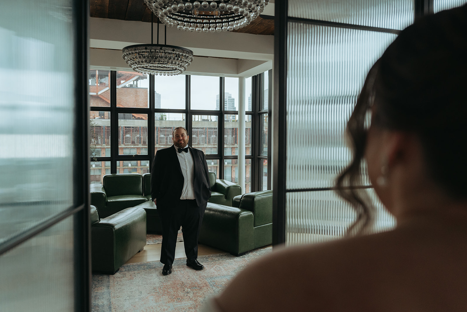 Madison + Dylan's 620 Loft and Garden Wedding bride and groom first look at wythe hotel in nyc, shot by elsie goodman, a destination and NYC wedding photographer