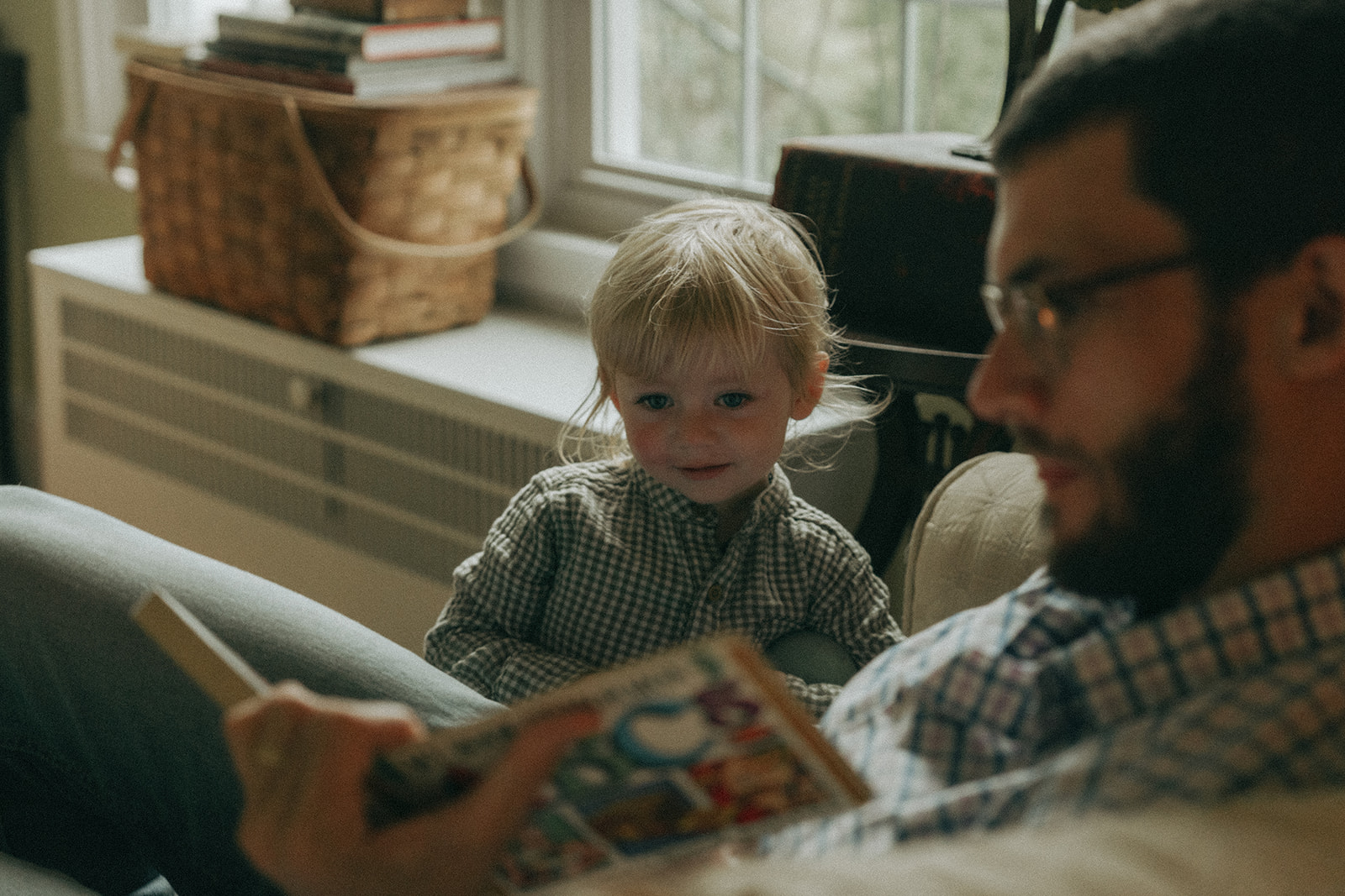 Dad reads a book to his child in the living room Mom, Dad, child and dog all sit on the front steps of their house by maternity, family, and wedding photographer Elsie Goodman.