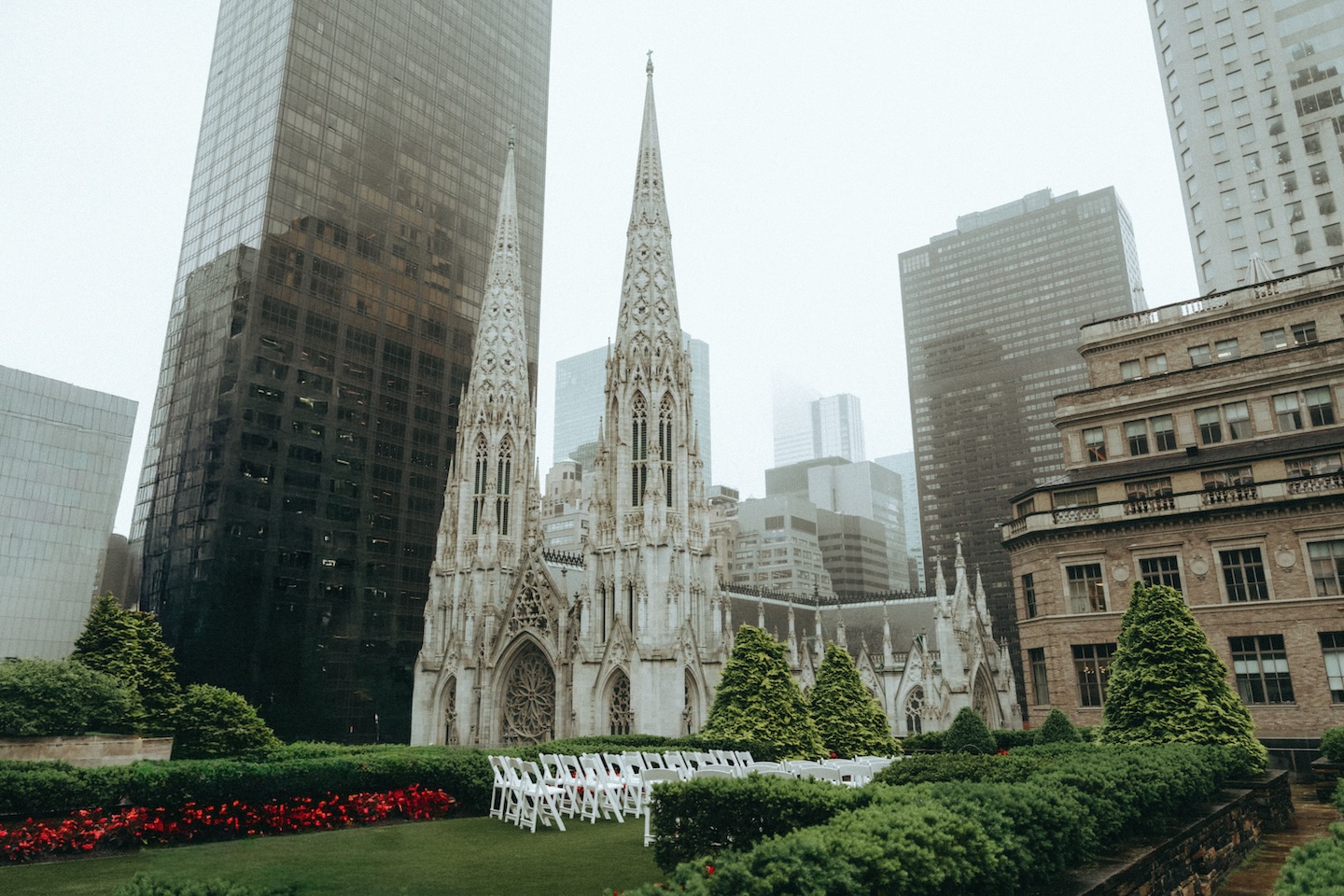 Outdoor elopement ceremony set up in front of St. Patrick's Cathedral in New York City