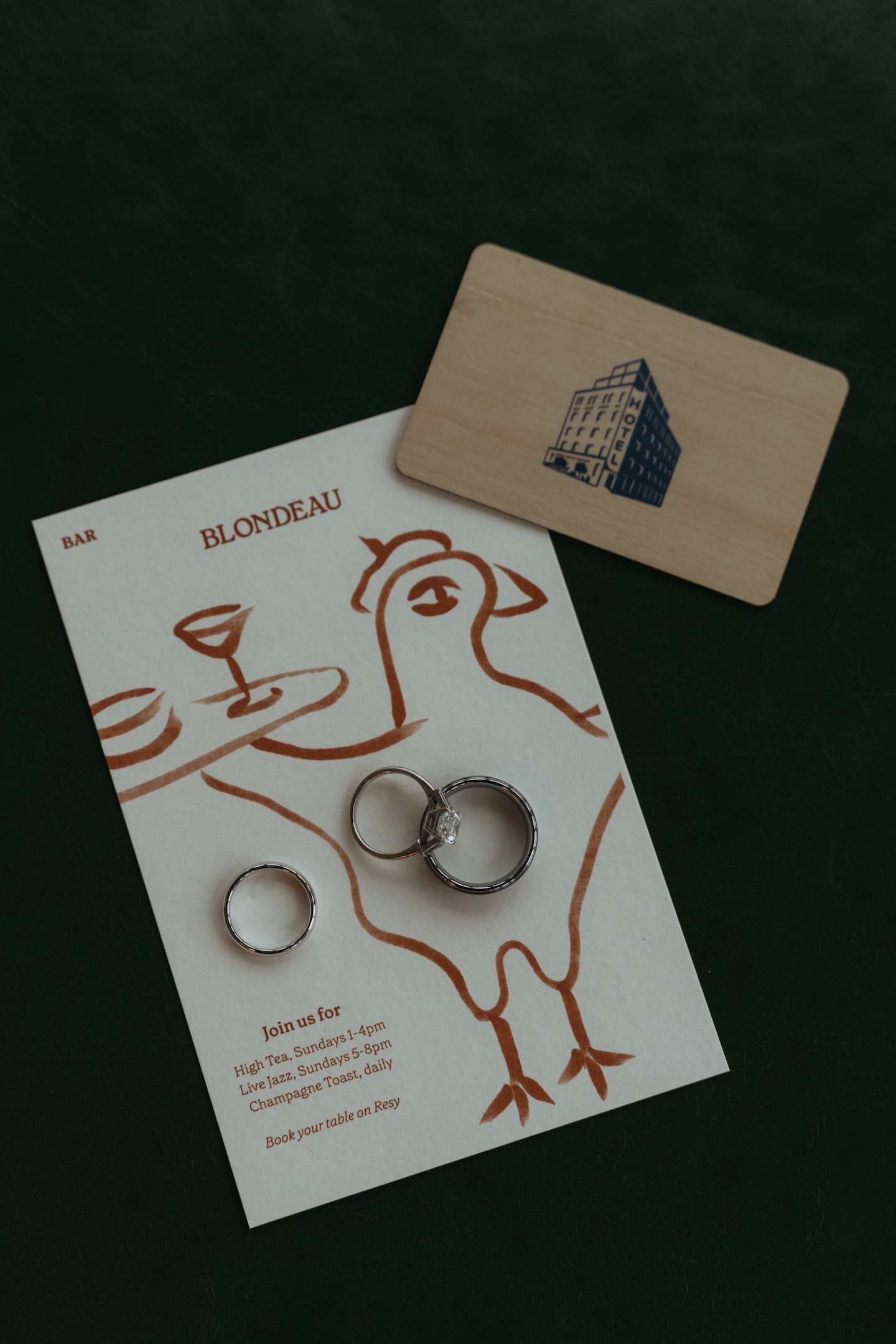 Flat lay of wedding rings on New York-themed stationery for an NYC elopement